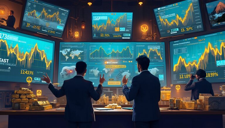 Men analyzing stock charts on large screens in a high-tech room with gold bars and data displays.