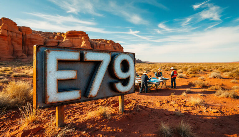 E79 Gold Mines Ltd-E79-Rusty E79 sign in desert landscape; people study a map on a table nearby.