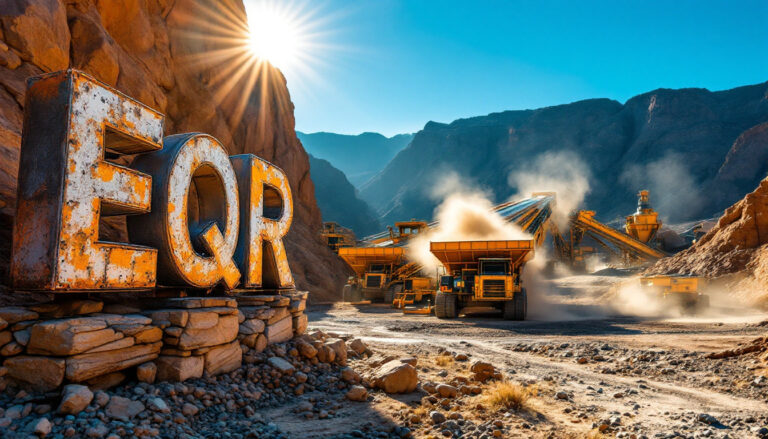 EQ Resources Ltd-EQR-Sunlit industrial quarry with large equipment and "EQR" letters on rocks in a dusty, mountainous terrain.