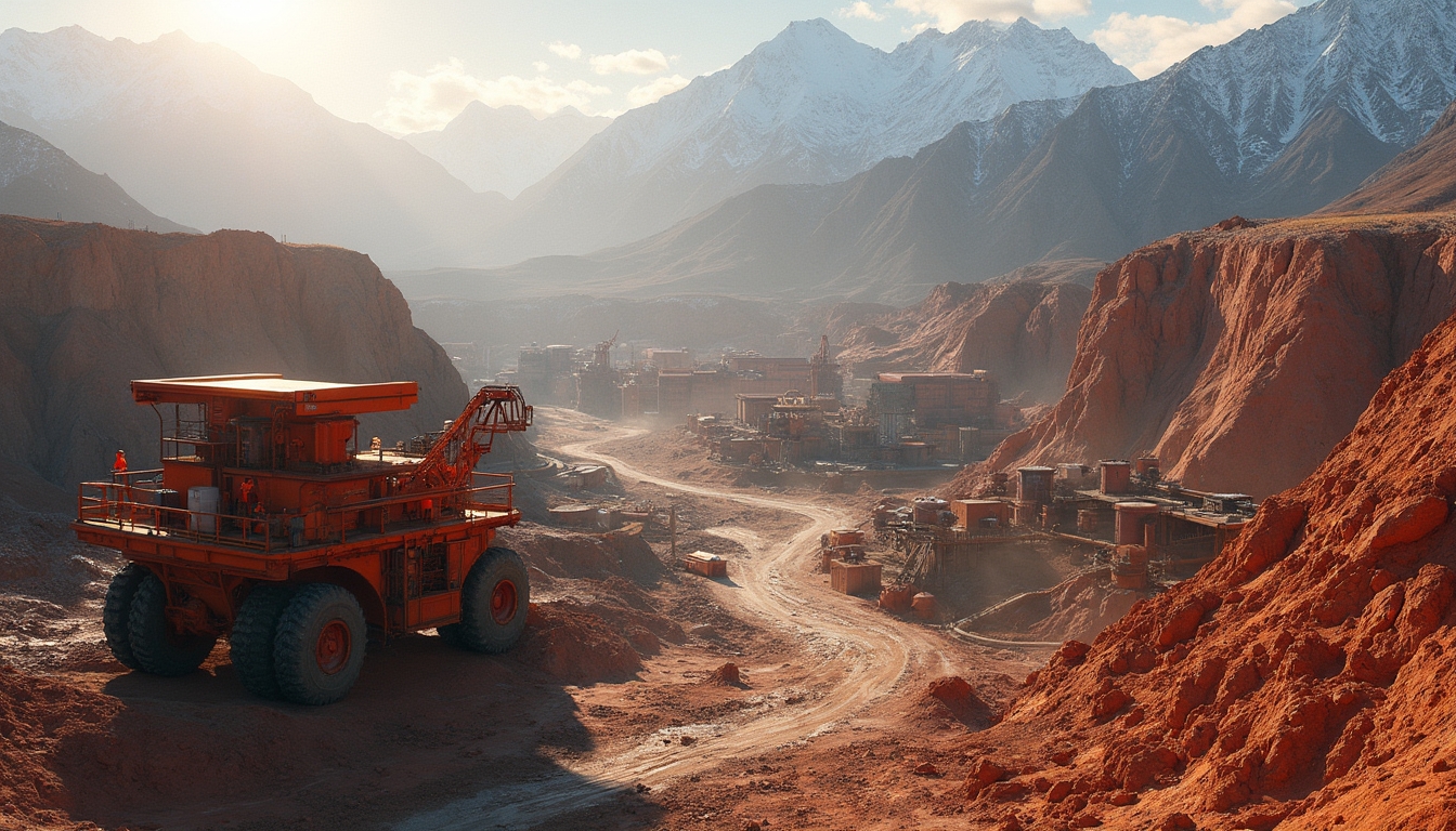 Copper district with mining equipment and mountains.