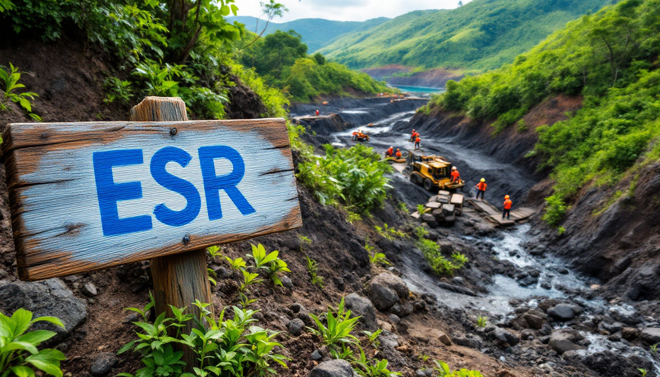 Estrella Resources Ltd-ESR-Wooden sign reading "ESR" near workers and machinery in a lush, rugged landscape.