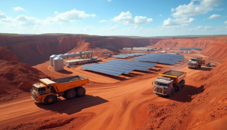 Solar panels and trucks in a large open-pit mining site with red soil under a partly cloudy sky.