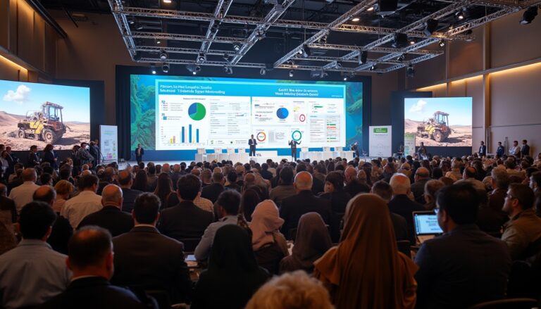 Crowded conference with large screens displaying charts and images, audience attentively watching speakers.