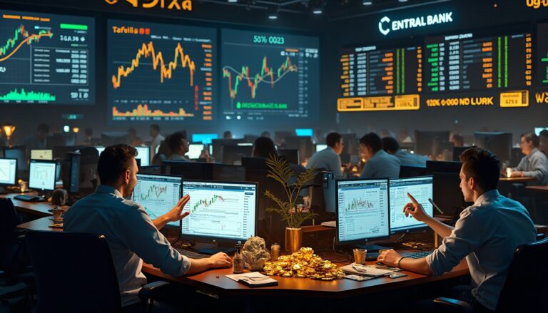 Traders analyzing graphs in a vibrant office with large financial displays and computer screens.