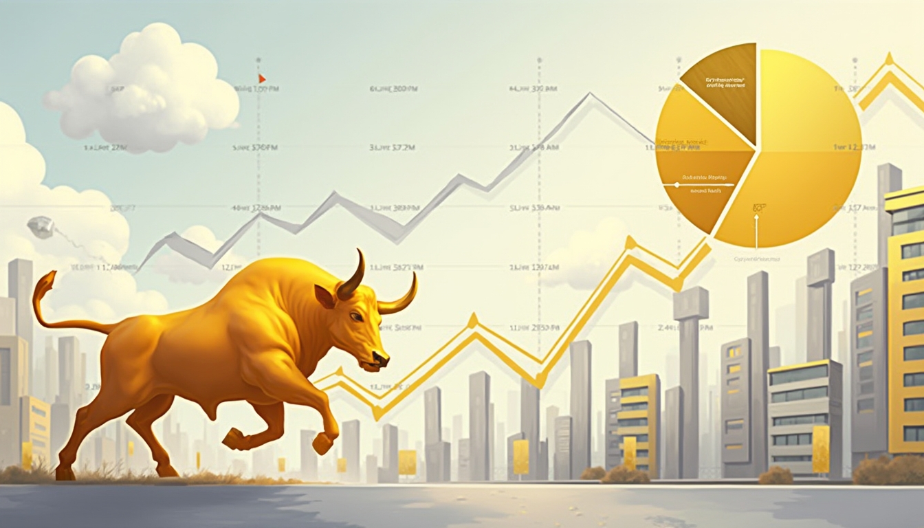 Golden bull charging against a backdrop of skyscrapers, graph, and pie chart, symbolizing market growth.