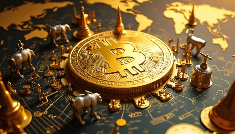 Golden Bitcoin surrounded by figurines on a world map, symbolizing global cryptocurrency.