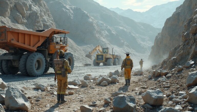 People in safety gear at a dusty mining site, with large trucks and rocky terrain.