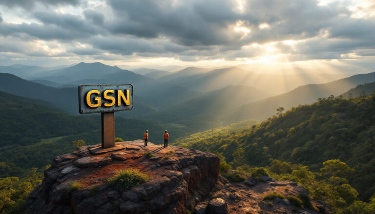 Great Southern Mining Ltd-GSN-Two people stand near a "GSN" sign on a rocky peak, overlooking a sunlit mountain landscape.