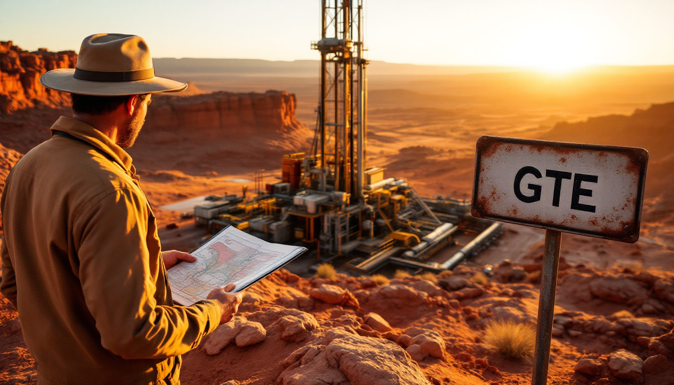 Great Western Exploration Ltd-GTE-Man in desert with map, observing machinery and "GTE" sign at sunset.