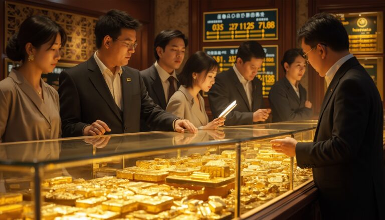 People examining gold bars and jewelry in a well-lit display case at a store.