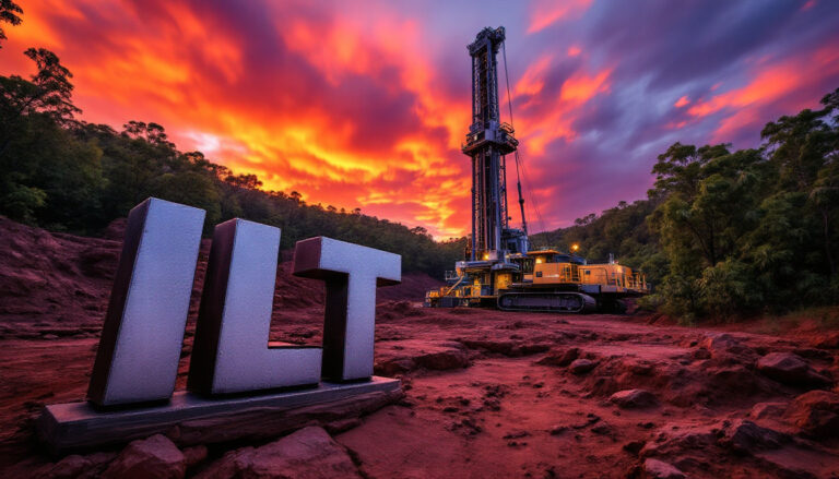 Iltani Resources Ltd-ILT-Sunset behind a large mechanical drill and ILT letters on red soil surrounded by trees.