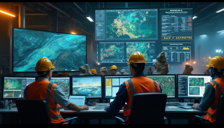 Workers in hard hats and vests analyze mining data on multiple monitors in a control room.