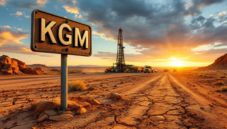 Kalgoorlie Gold Mining Ltd-KAL-Desert sunset with a sign reading "KGM" and a drilling rig in the background.