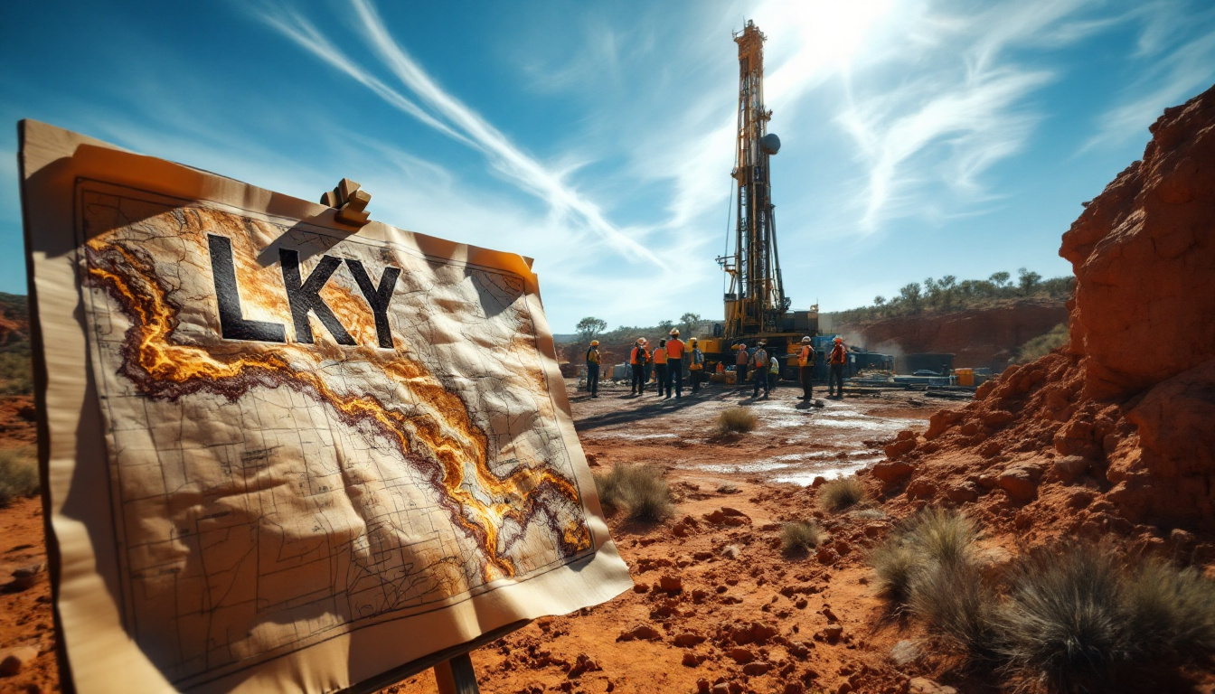 Locksley Resources Ltd-LKY-Map labeled "LKY" near a drilling rig with workers under a blue sky.