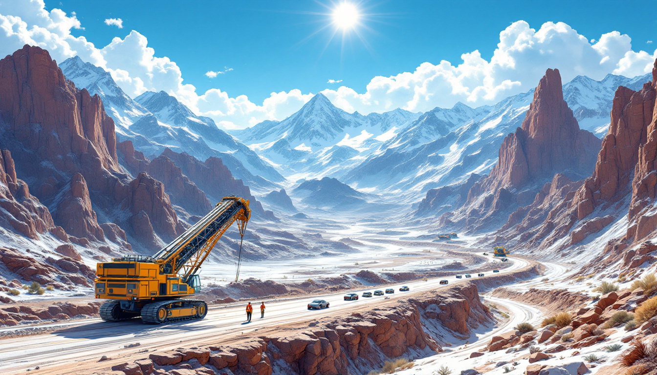 Loyal Lithium Ltd-LLI-Mountainous landscape with a crane and cars on a snowy road under a bright sun.