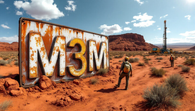 M3 Mining Ltd-M3M-Two people in a desert landscape walk towards a large rusty "M3M" sign and a drilling rig.