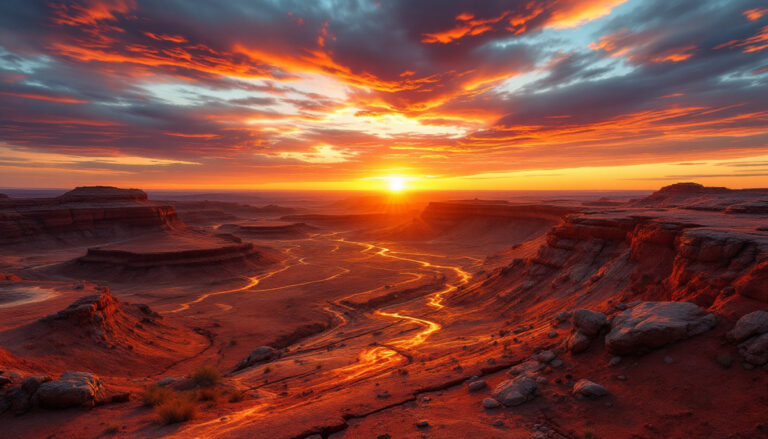 Marquee Resources Ltd-MQR-Vivid desert sunset with dramatic clouds and winding canyon bathed in warm, glowing light.