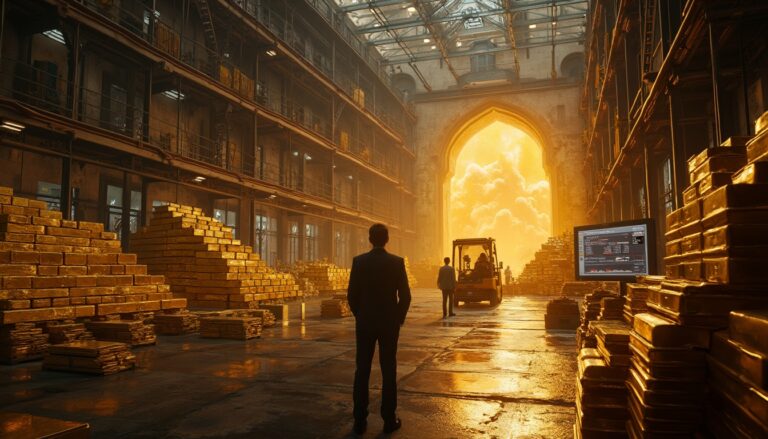 Warehouse with gold bars and forklift.