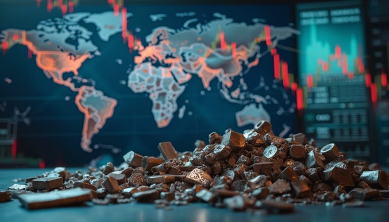 Heap of minerals in focus, stock market chart and world map blurred in background.