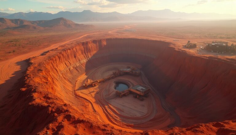 A large open-pit mine with equipment, surrounded by rugged, red desert landscape under a hazy sky.