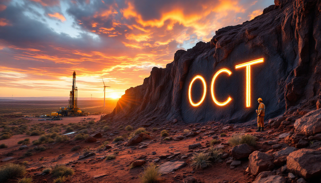 Octava Minerals Ltd-OCT-Sunset sky, large glowing "OCT" on rock wall, wind turbine, and worker in desert landscape.