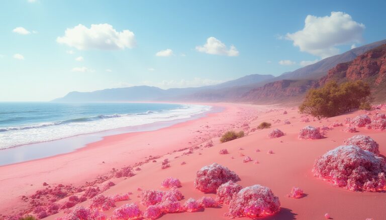 Dreamlike pink beach with pink sand, blue ocean, and mountains under a bright sky with fluffy clouds.