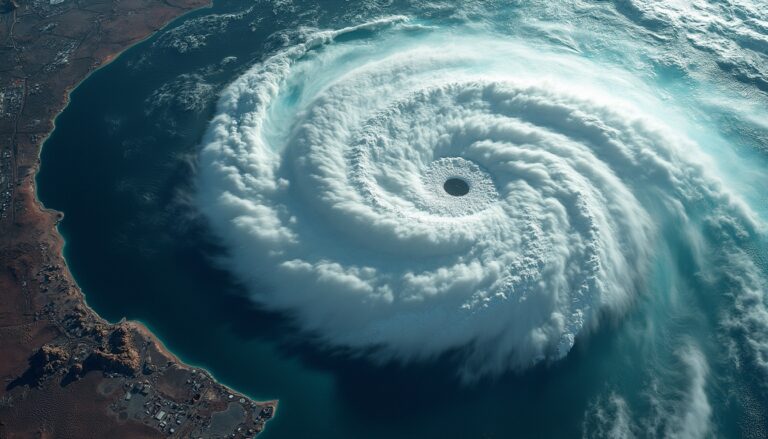 Aerial view of a massive swirling hurricane over the ocean near a coastline.