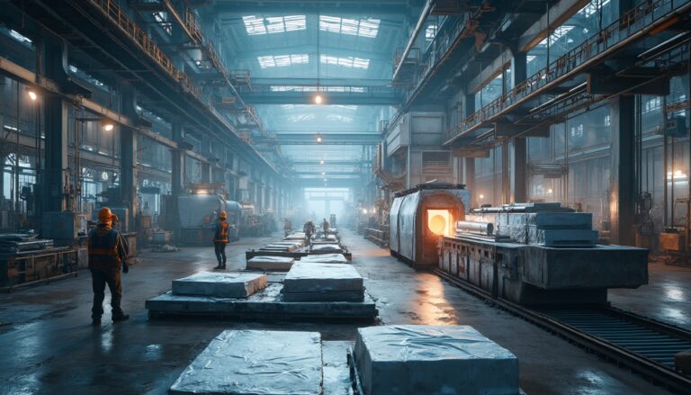 Workers in a large industrial factory with machinery and glowing furnaces.