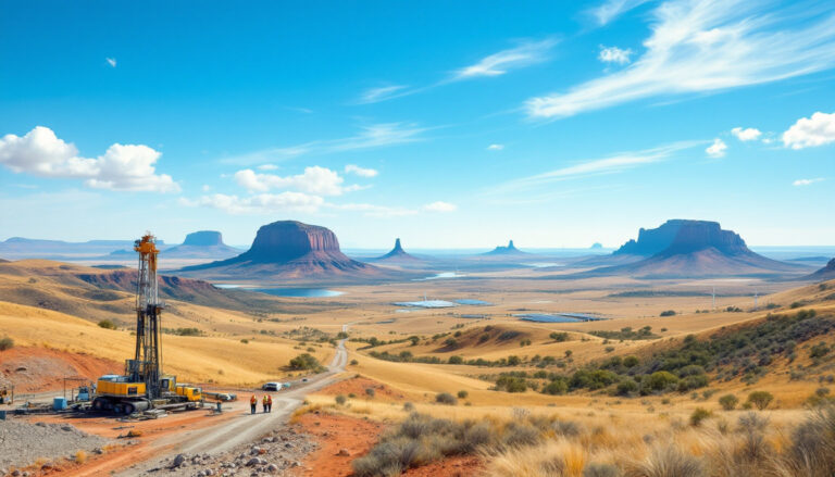 Rimfire Pacific Mining Ltd-RIM-Desert landscape with mesas, drilling rig, and workers under a bright blue sky.