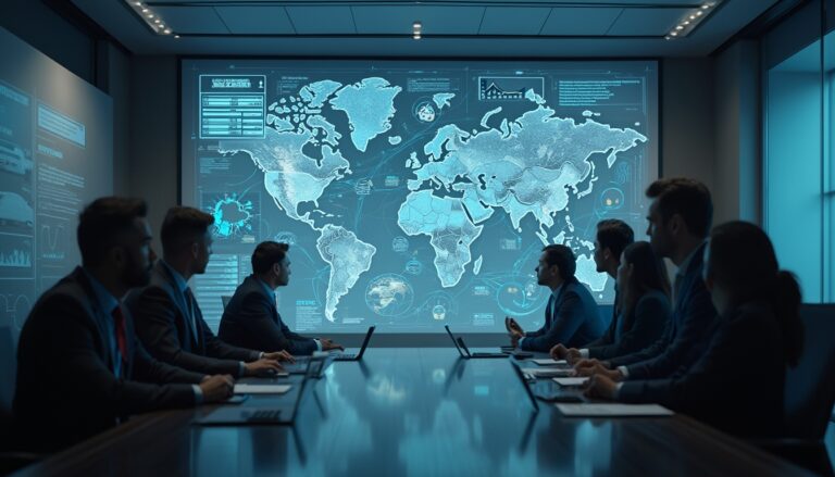 Business meeting with a digital world map projection in a conference room.