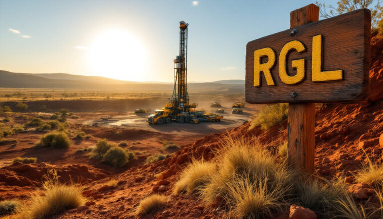 Riversgold Ltd-RGL-Sunset over a desert landscape with a drilling rig and a wooden sign reading "RGL."