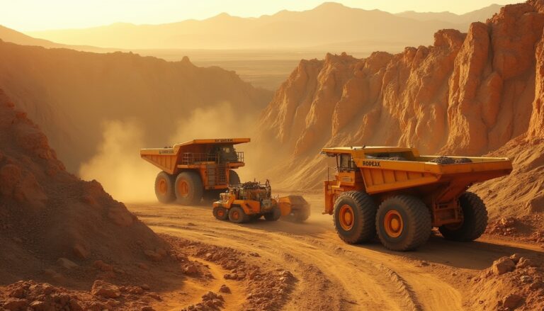 Two large yellow dump trucks in a dusty desert quarry under a warm sunset.