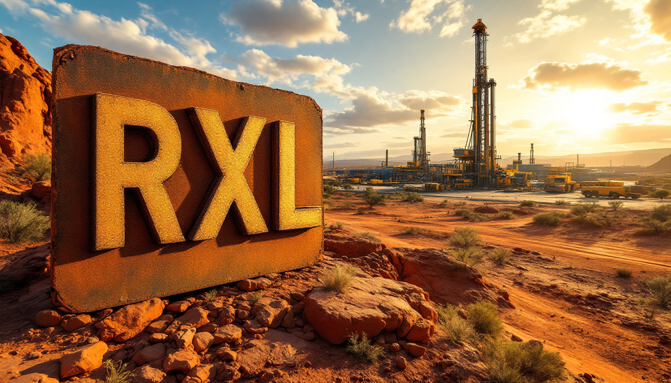 ROX Resources Ltd-RXL-Rusty "RXL" sign with an oil drilling site in a desert landscape at sunset.