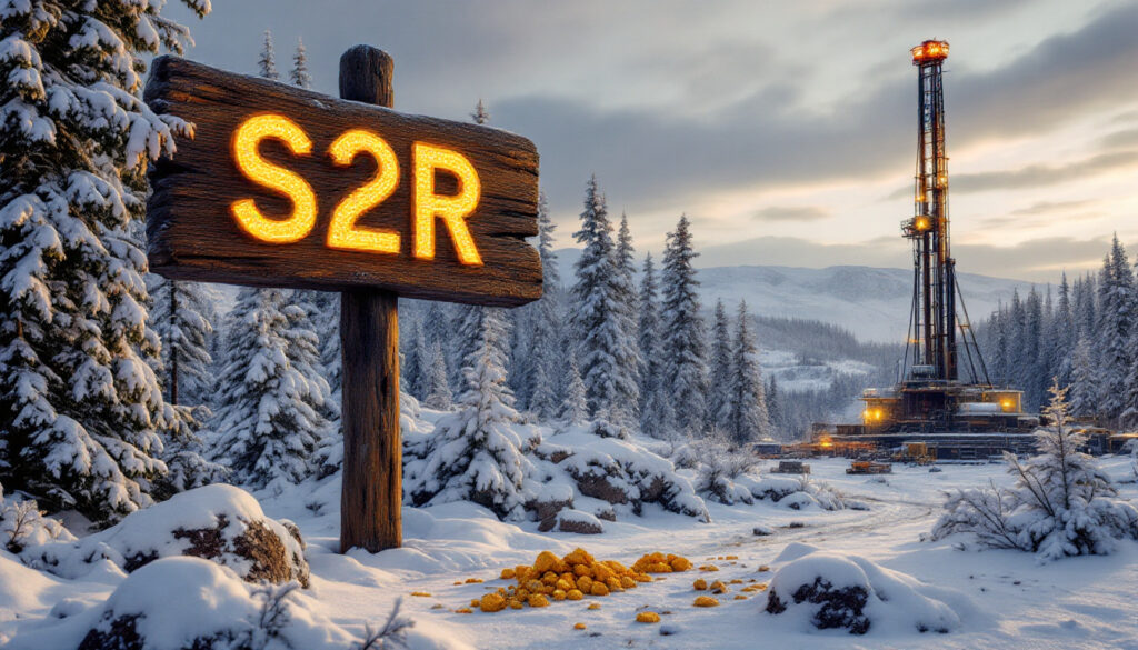 S2 Resources Ltd-S2R-Snowy landscape with a glowing "S2R" sign, golden nuggets, and a lit-up oil rig in the background.