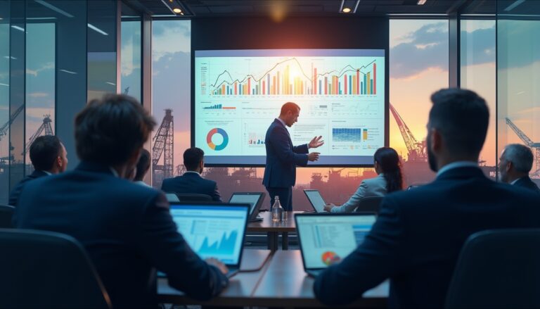 Business presentation in a conference room with charts on a screen at sunset.