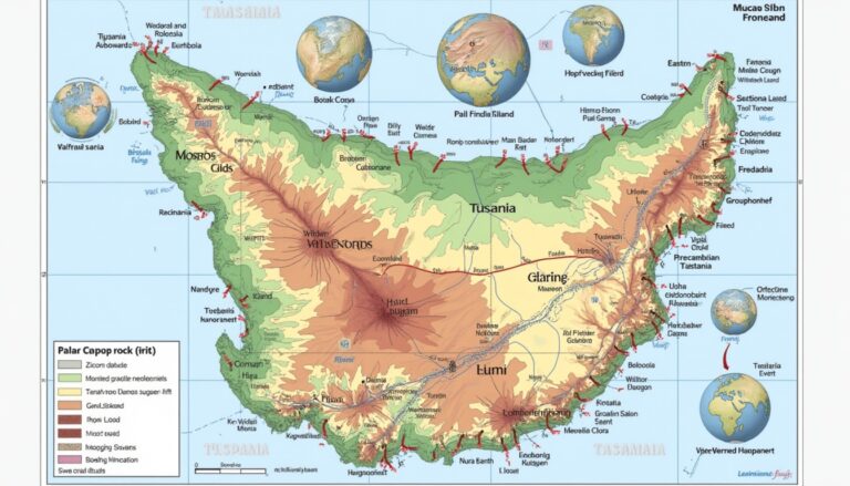 Fantasy map of an island with labeled regions, colorful topography, compass, and surrounding globes.