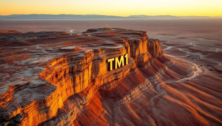 Terra Metals Ltd-TM1-Dramatic sunset view of a canyon with "TM1" written on its side.