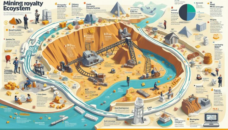 Illustrated infographic of the mining royalty ecosystem with various operations and statistics.