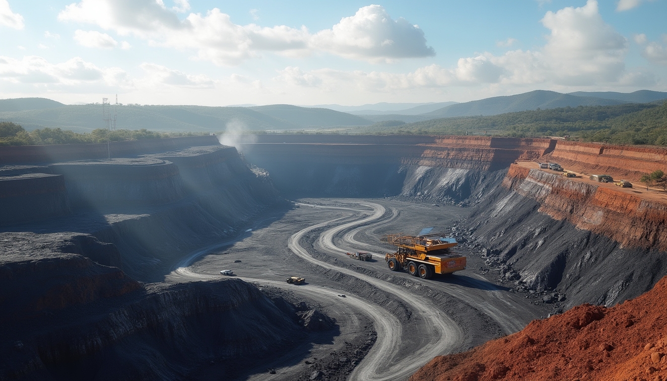 Mining site with large dump trucks.