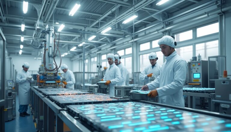 Workers in cleanroom suits assemble electronic devices on a factory line.