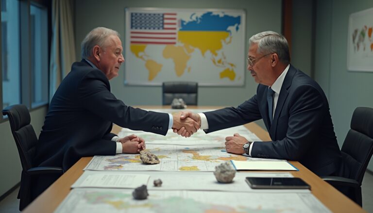 Two men in suits shaking hands across a table with maps and flags of the USA and Ukraine behind.