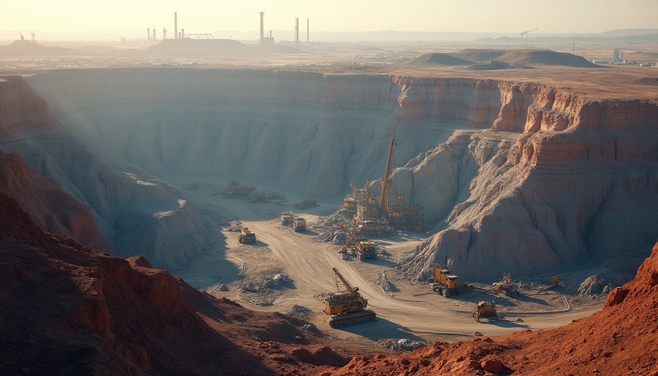 Mining landscape with heavy machinery operations.