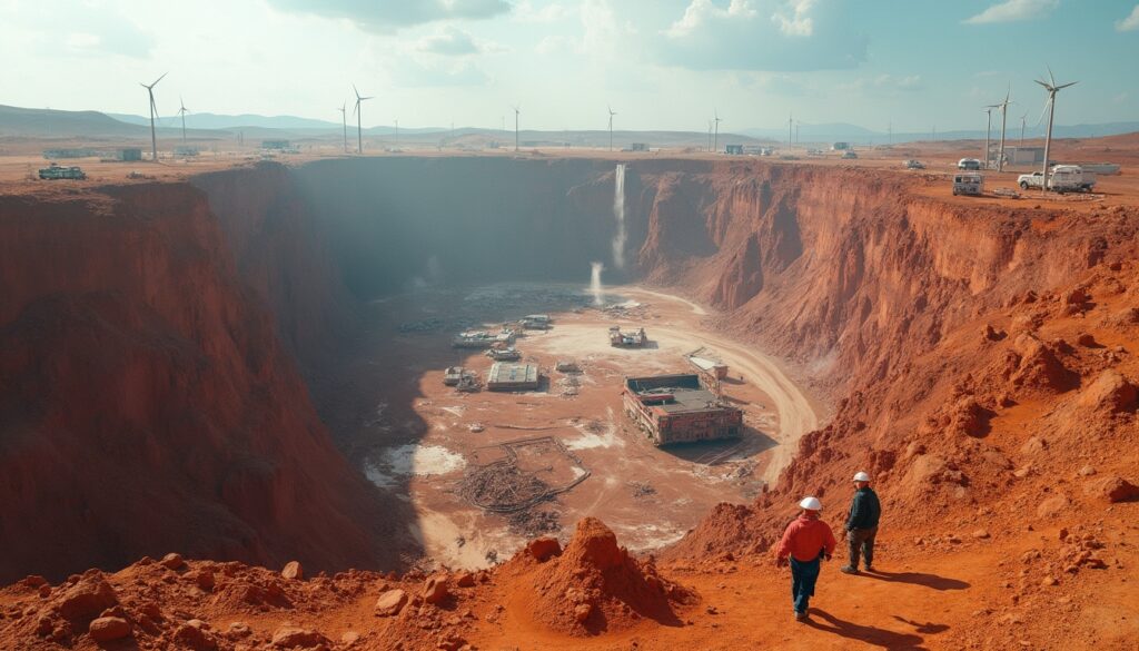 African mining site with wind turbines.