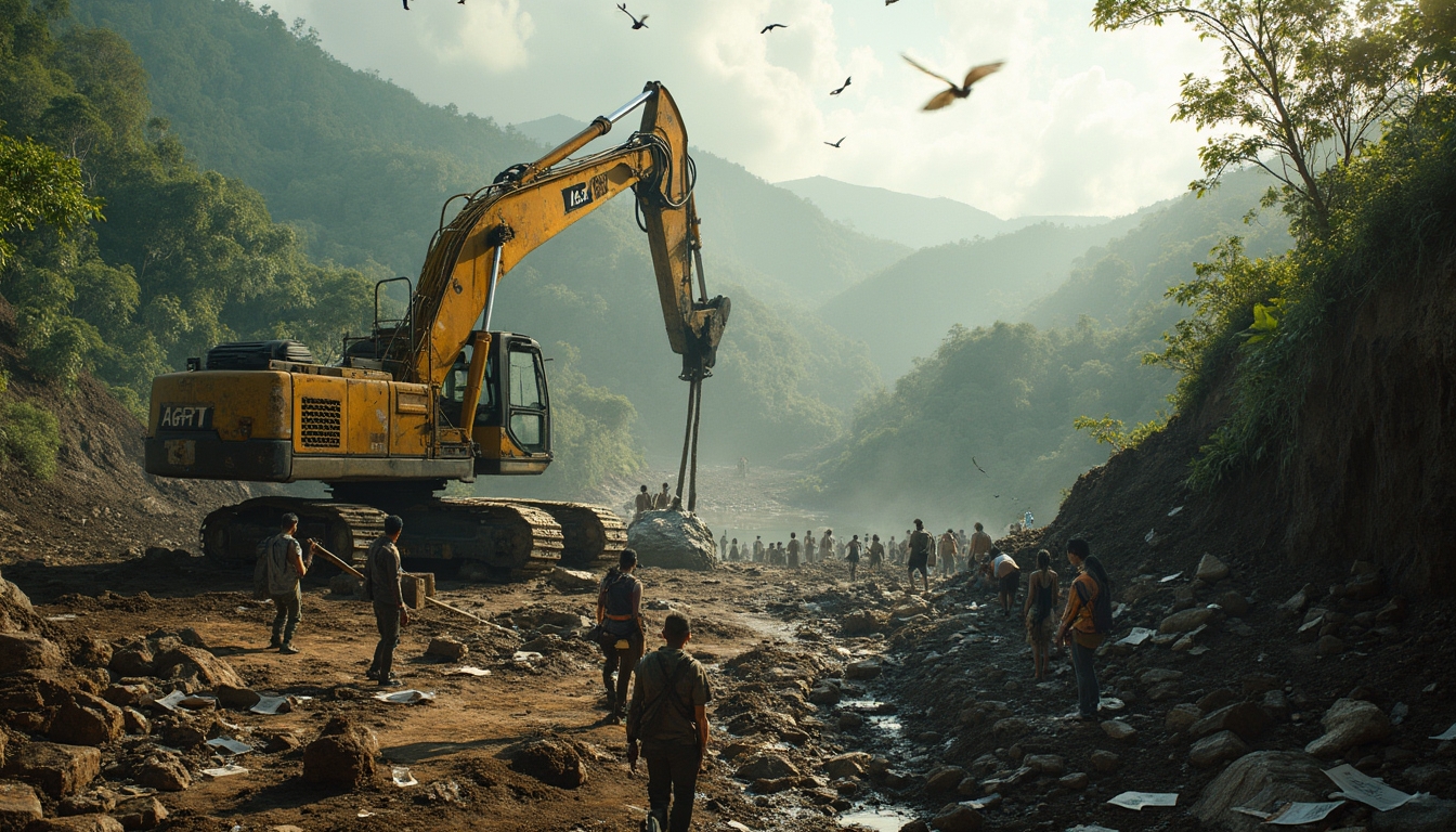 Excavator in forest, people observing.