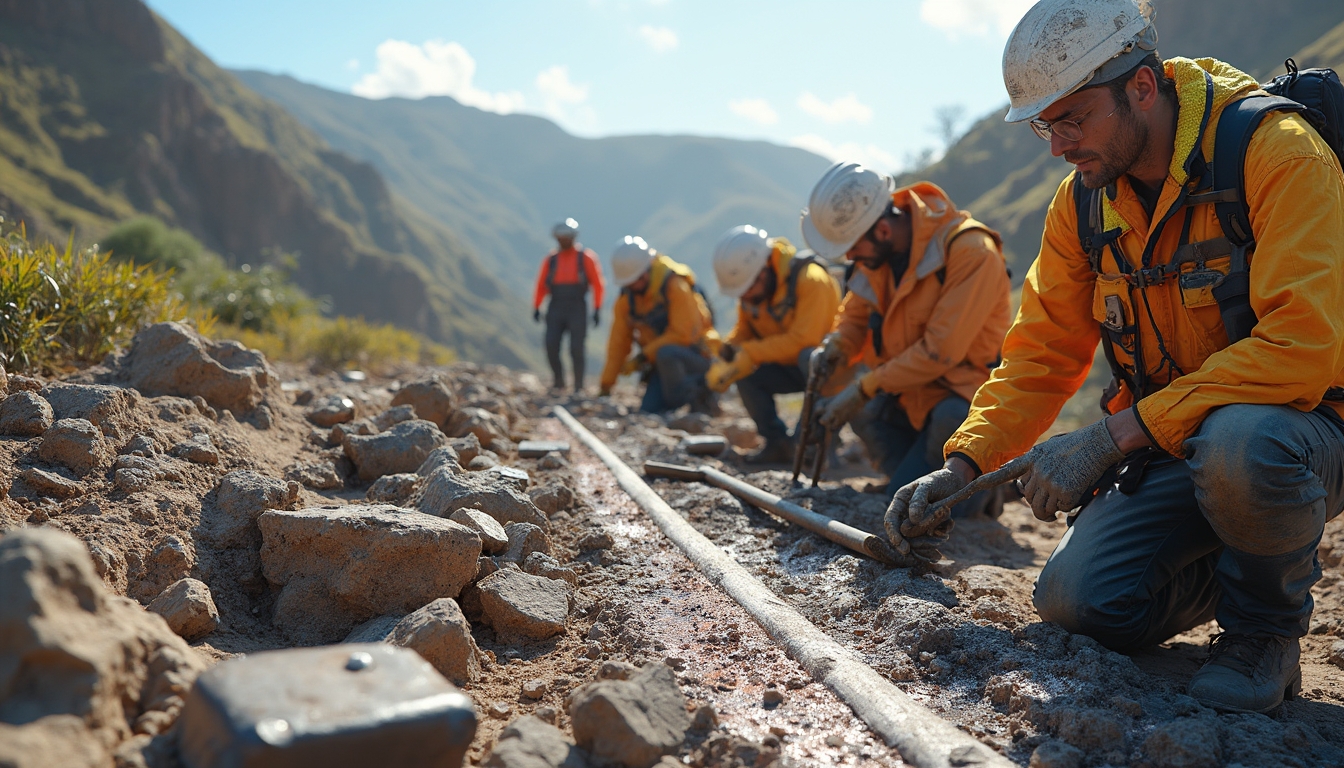 Workers examining titanium mineralisation site.