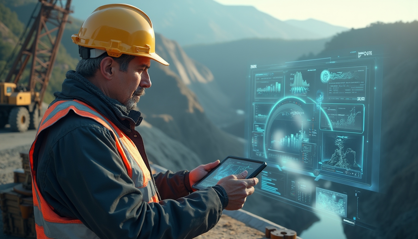 Engineer analyzing mining data on-site.