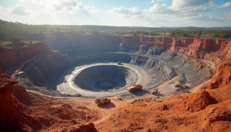 Open mine with red earth landscape.