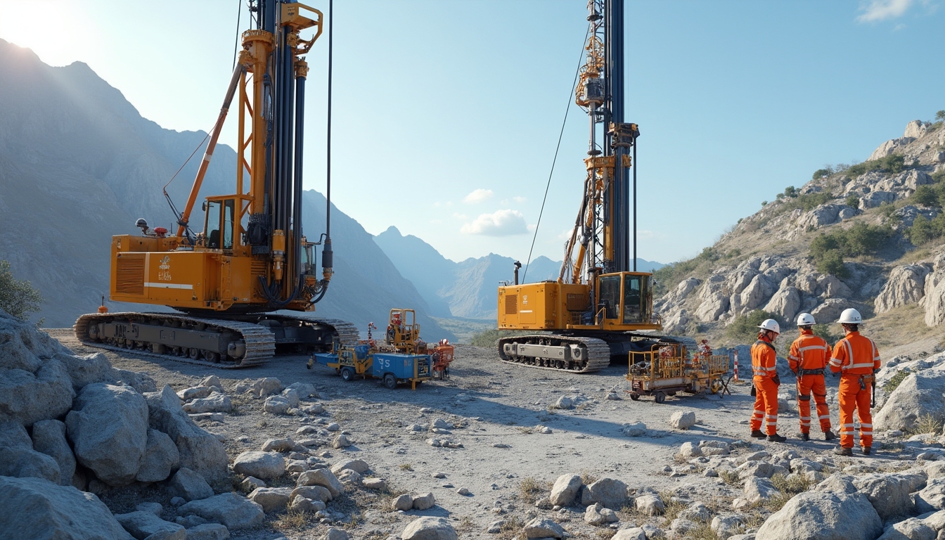 Twin drilling rigs in mountainous terrain.