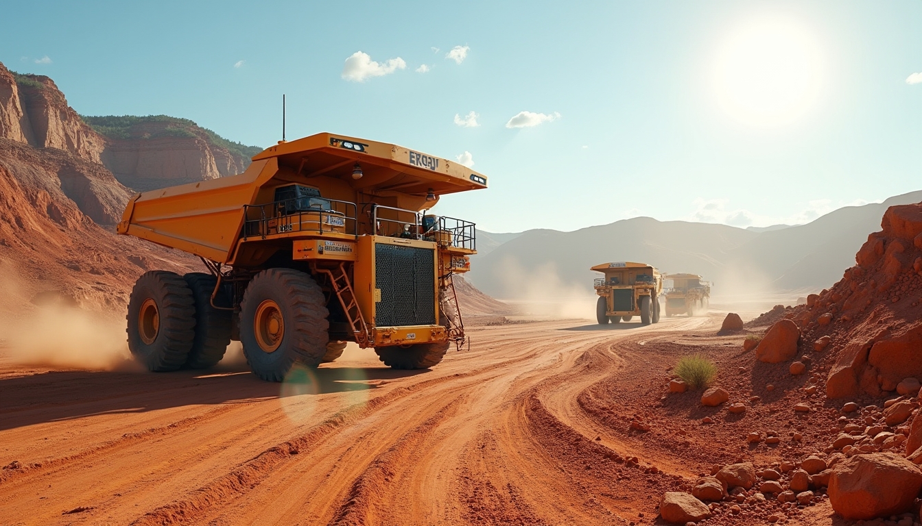 Mining trucks in desert landscape.