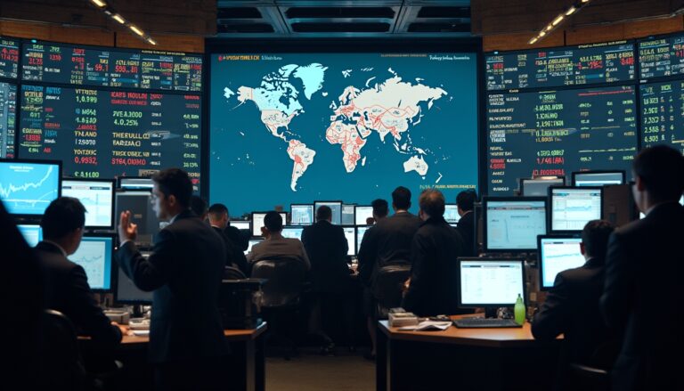 Stock traders analyzing data on multiple screens in a bustling office environment.